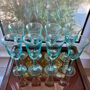 Vintage Set of 8 Aqua Green Tint Hand Blown Wine Glasses Water Goblets